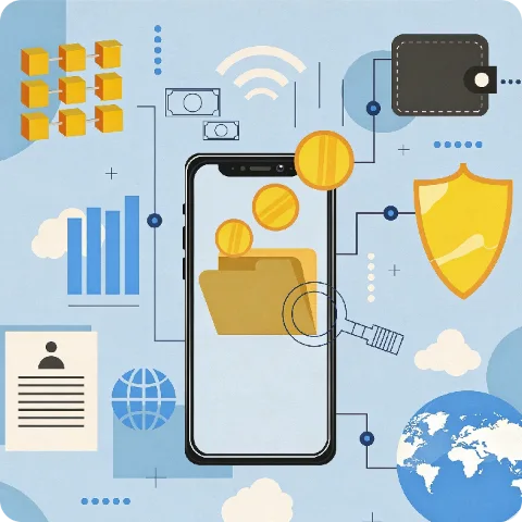 Phone displaying a wallet with rupee coins, surrounded by fintech icons: charts, shield, wallet, globe, and document, illustrating connected wealth infrastructure.